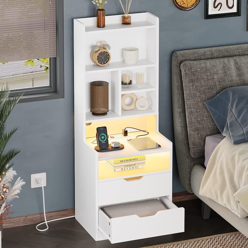Nightstand with Bookshelf Tall Night Stand 2 Drawers