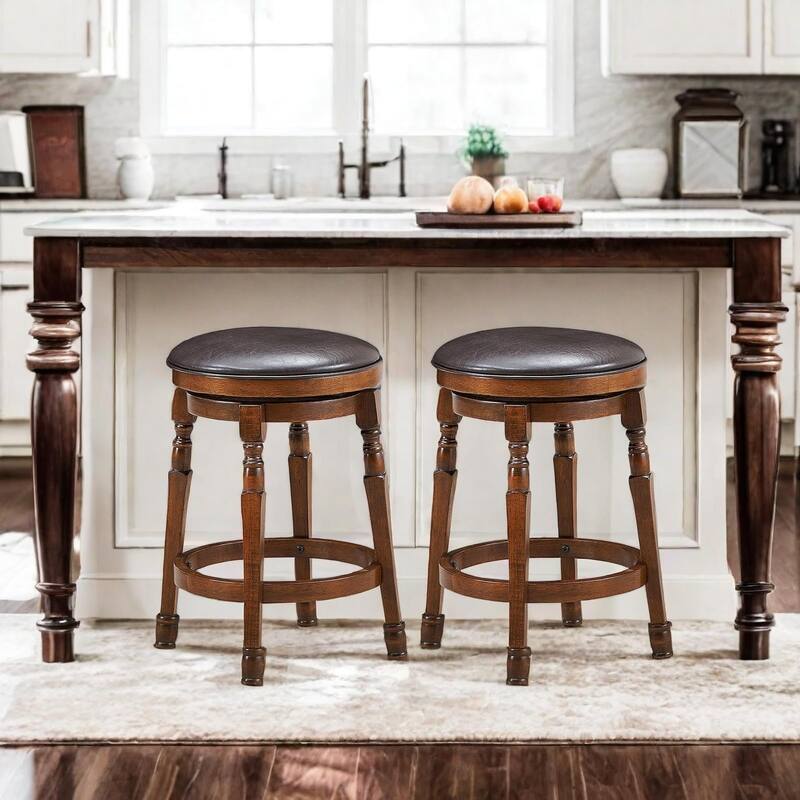 Bar Stools Set of 2 Swivel Barstools 24" Counter Height Bar Stools Backless Solid Wood Chairs with Faux Leather Seat,