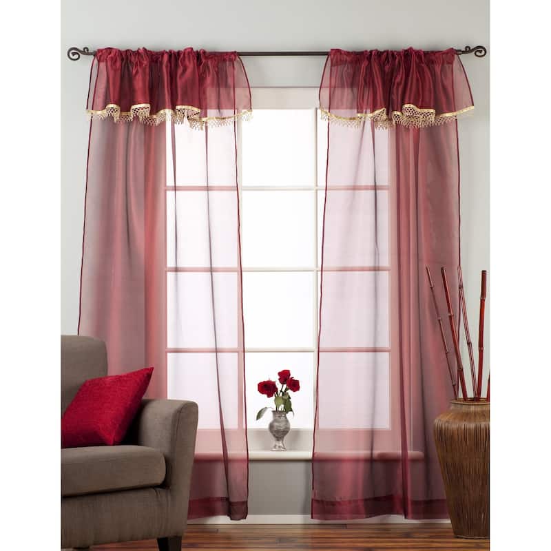 Maroon-Rod Pocket Sheer Tissue Curtain with Beaded Valance Panel Drape-Piece