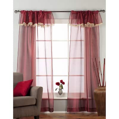 Maroon-Rod Pocket Sheer Tissue Curtain with Beaded Valance Panel Drape-Piece