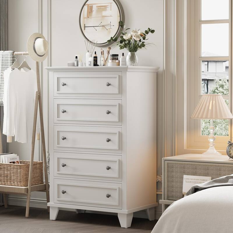 5-Drawer Dresser for Bedroom, 48" Tall Modern Wood Chest with Deep Drawers and Metal Handles - White