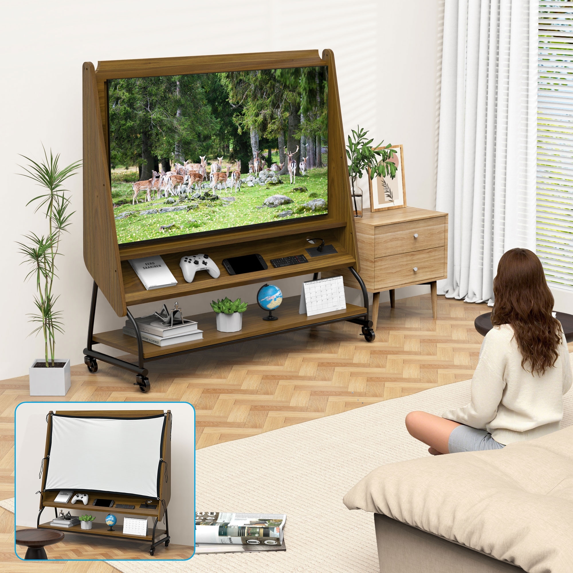 GDFStudio Marlowe Mobile Wood TV Stand with Mount for 32-50" TV with Projector Screen and Power Outlets