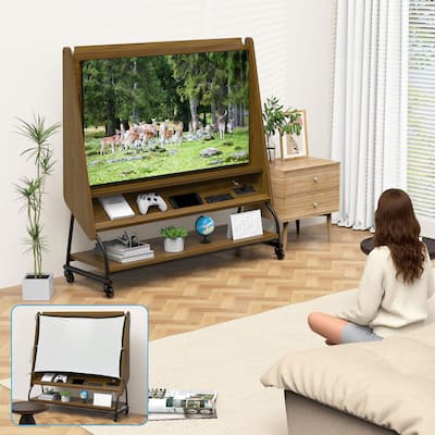 Mobile TV Stand with Mount for 32-50" TV with Projector Screen & Power Outlets - Adjustable Rolling TV Cart, MDF Wood