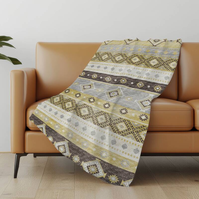 Premium Machine Washable ASB118 Boho Global Sherpa Throw Blanket - Gilded - 4'2" x 5'10"
