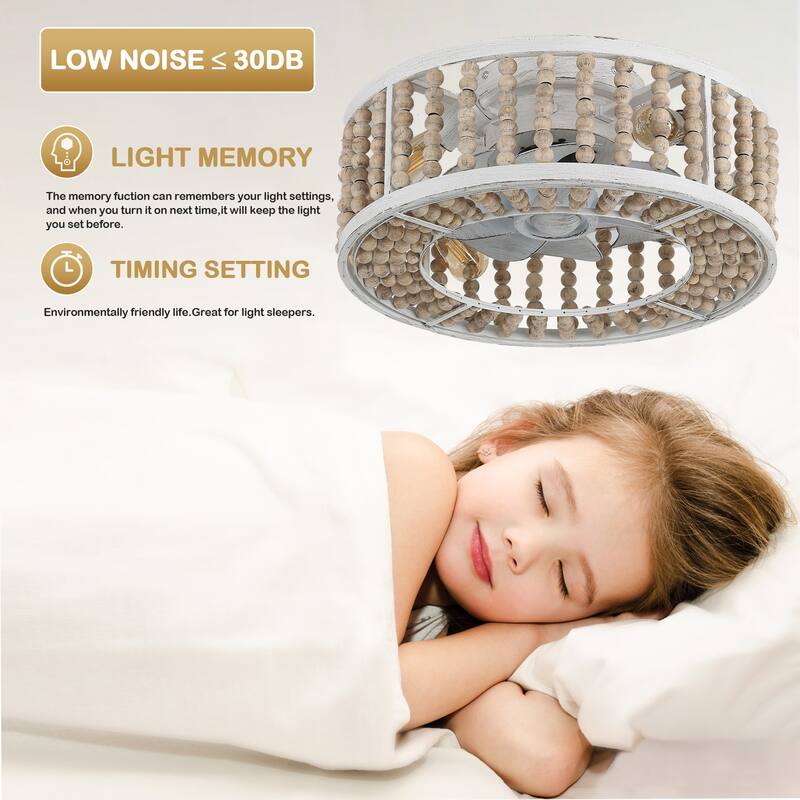 20" Flush Mount Caged Ceiling Fan with Light and Remote, Distressed White Metal 3-Speed Reversible Dc Motor