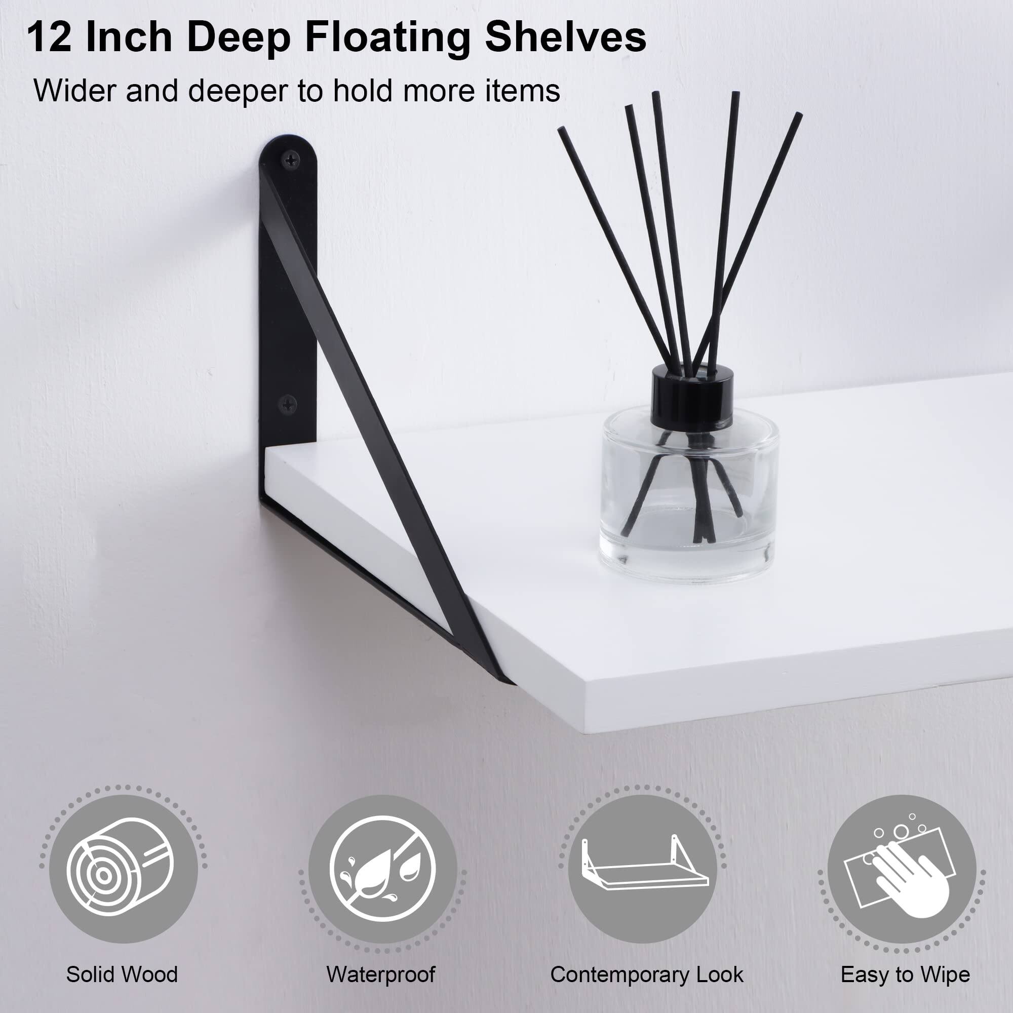 White Floating Shelves, 12 Inch Deep Wall Mounted Shelves Set of 2