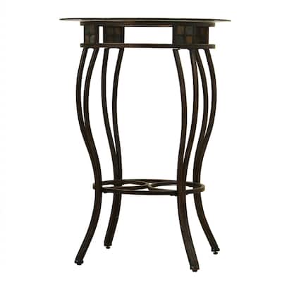 Ella 42 Inch Metal Pub Bar Table, Glass Top, Curved Legs, Rustic Bronze