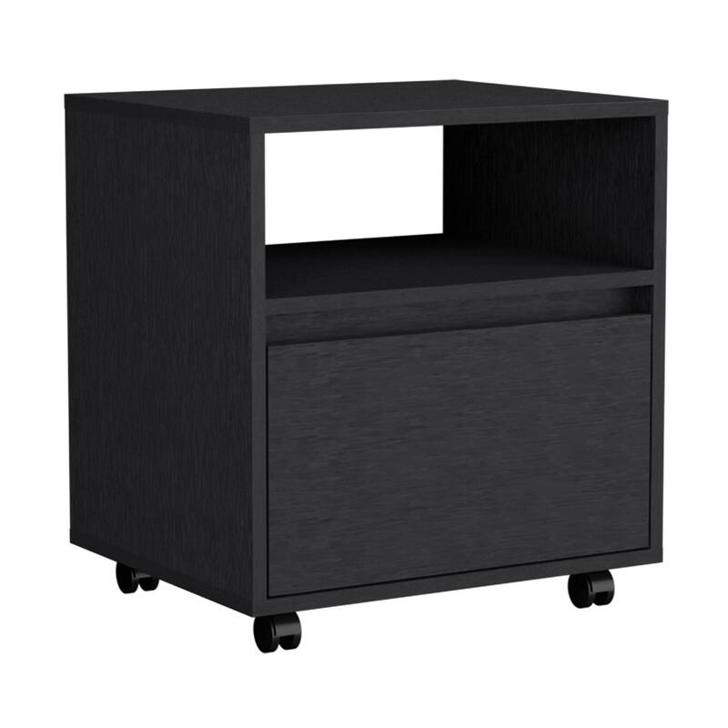 20-Inch Black Nightstand with One Drawer, Open Shelf, and Casters