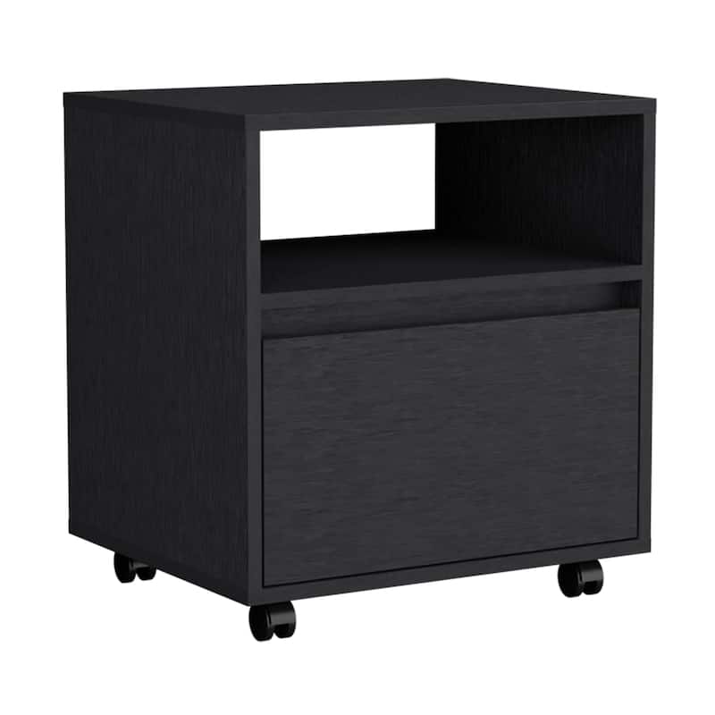 Mobile Nightstand with Casters, One Drawer, Open Shelf, Black Finish, 20.5" Tall