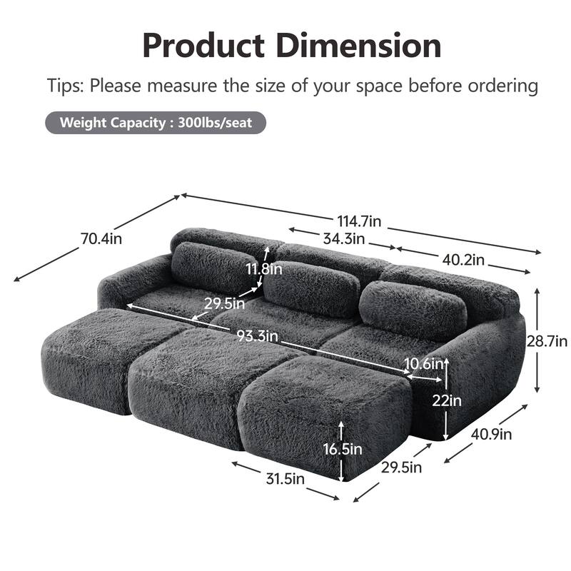 Anmytek 3-Seater Modular Sectional Sofa Soft Plush Fabric Movable Ottoman Non-Slip Base No Assembly