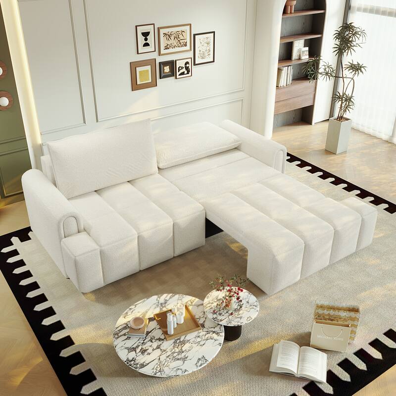 90.2 Inch King 3-in-1 Sleeper Sofa with Seat Storage, Modern 4-Seater Convertible Teddy Fabric Couch