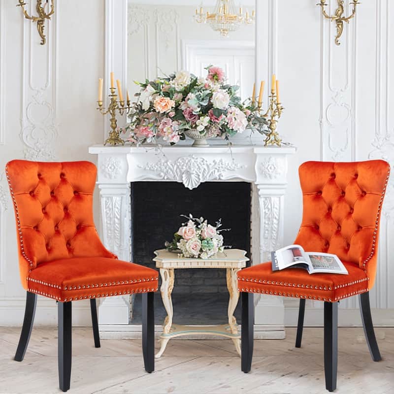 Solid Wood Velvet Upholstered Dining Chair Set of 2 - Orange