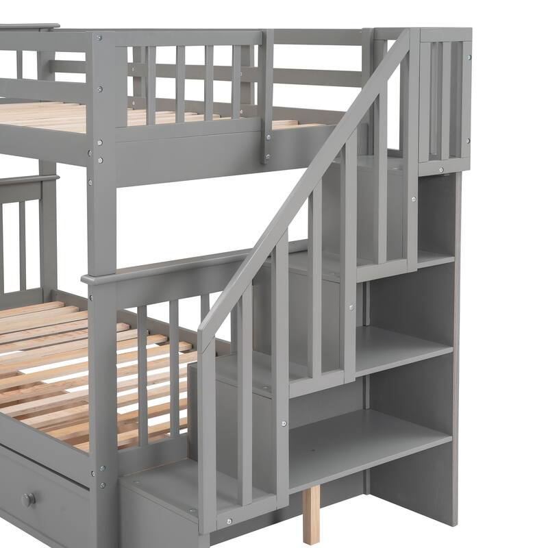 Wooden Stairway Bunk Beds with 3 Under Bed Drawers and Guard Rail