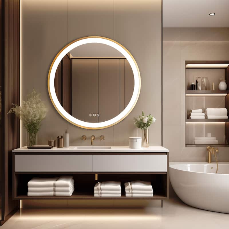 Gold Framed LED Wall Bathroom Vanity Mirror 3 Color Dimmable Anti Fog - 24"x24"