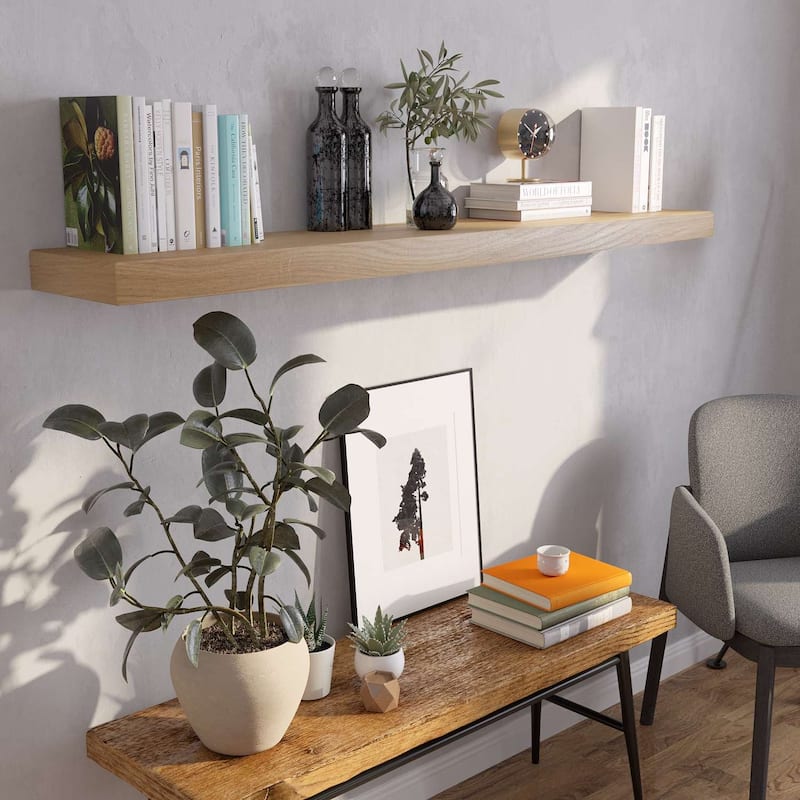 Wallniture OAKEN 48-60 inch Long, 10" Deep, 2.5" thick Floating Shelf with Hidden Bracket, Bookshelf, Farmhouse & Boho Decor