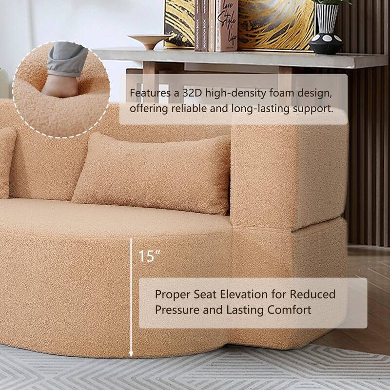 Modern 2-Seater Sofa 2-in-1 Folding Sofa Bed with 2 Pillows Soft Teddy Fabric, for Small Living Room, Dorm, RV