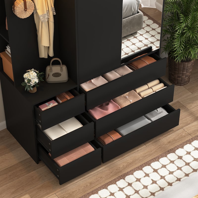 71.7" H Modern Wardrobe Closet with 2 Doors & 6 Drawers, Wooden Clothing Storage Cabinet with Hanging Rail