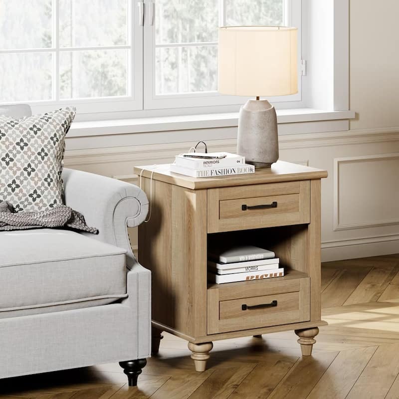 Farmhouse Nightstand Bedside Table, Wood 2-Drawer Side Table