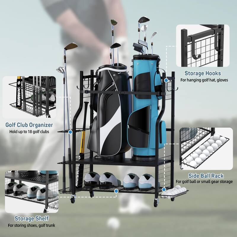 Golf Bag Storage Organizer for Garage with Side Club Rack and Accessory Baskets