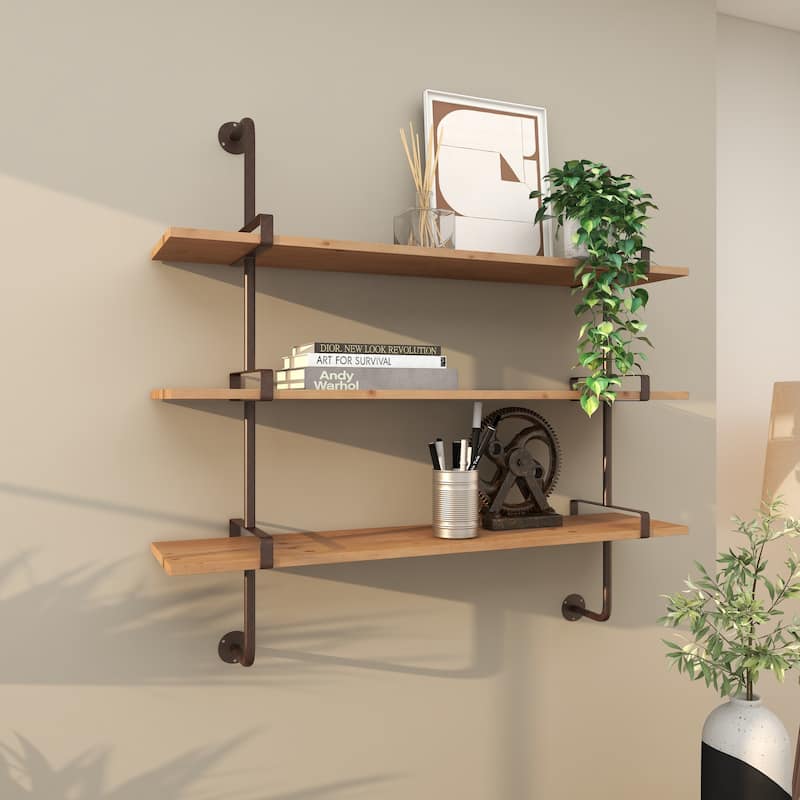 3 Level Wood Wall Shelf with Black Metal Brackets - Brown or Gray