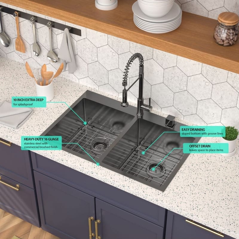 Lordear Gunmetal Black Drop-in Kitchen Sink Double Bowl