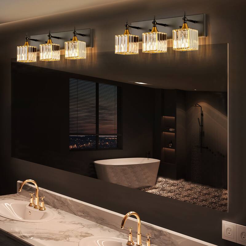 3/4-Light Modern Glam Dimmable Black Gold Crystal Bathroom Vanity Light