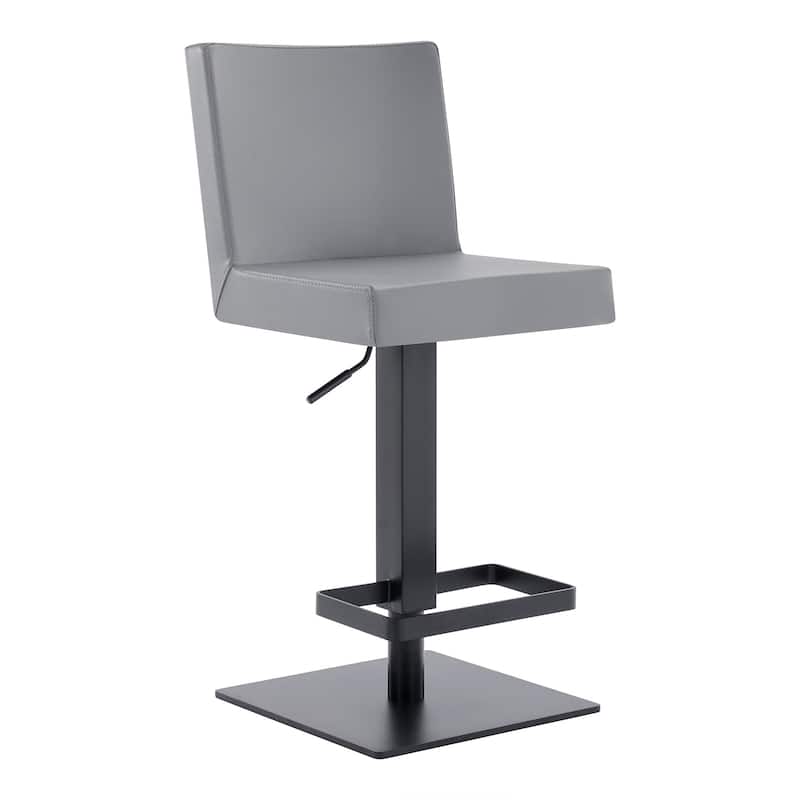 Grey Faux Leather Swivel Adjustable Bar Stool with Full Back and Footrest - 18” x 15.5” x 43.5” (D x W x H)