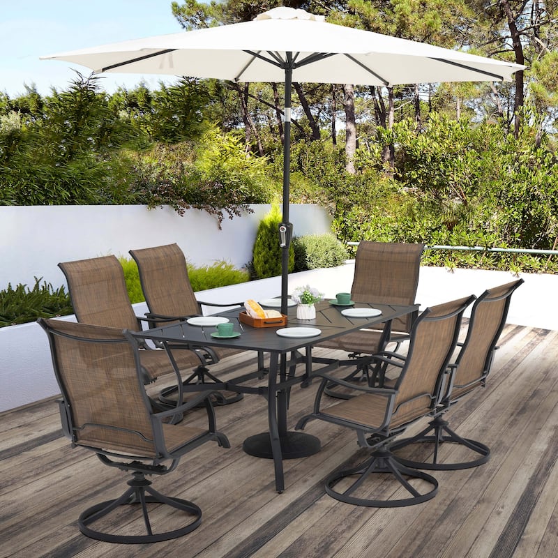 7-Piece Patio Iron Dining Set with Textilene Swivel Chairs, Brown and Black