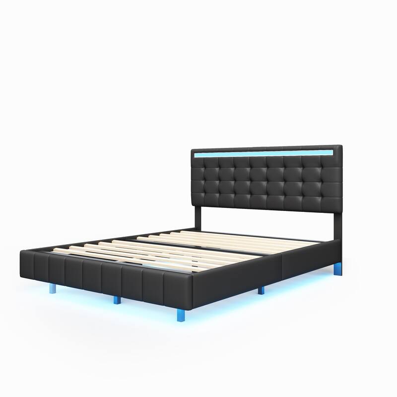 Black Modern Queen Floating Bed with LED and USB