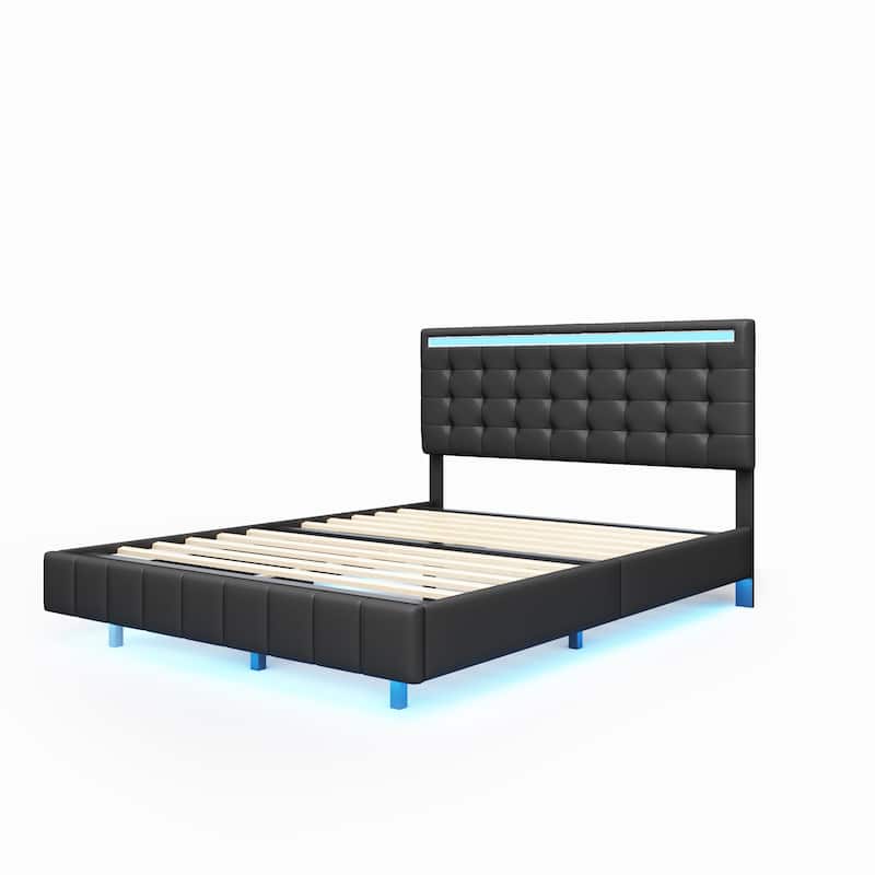 Black Upholstered Queen Size Floating Bed Frame with LED Lights and USB Charging, Modern MDF+Plywood Platform Bed
