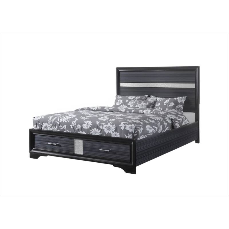 HomeRoots Black Gray and Silver Faux Crystal Bling Wood King Bed Frame With Two Drawers