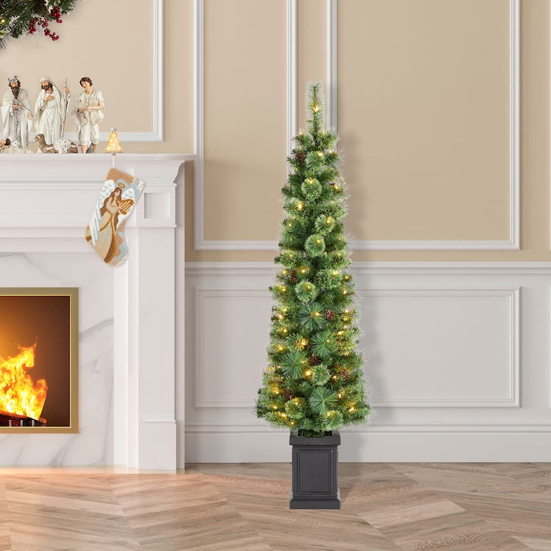 Glitzhome 5ft/6ft/7ft Pre-Lit Green Pine Christmas Potted Porch Tree with LED Lights and Remote Control