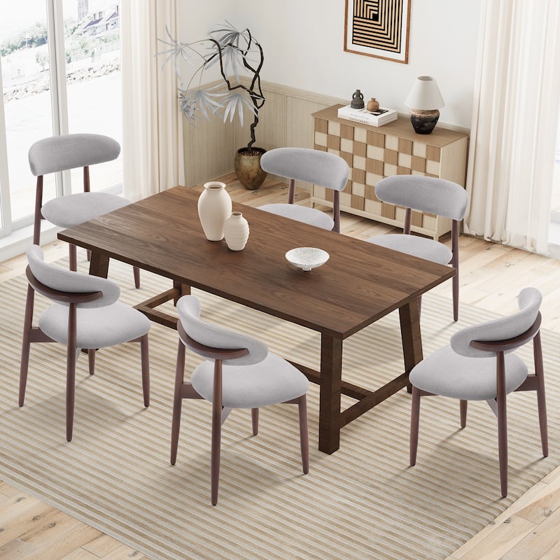 RENEWLINE Mid-Century Modern Upholstered Dining Chair with Wooden Legs - Set of 6 - Light Grey