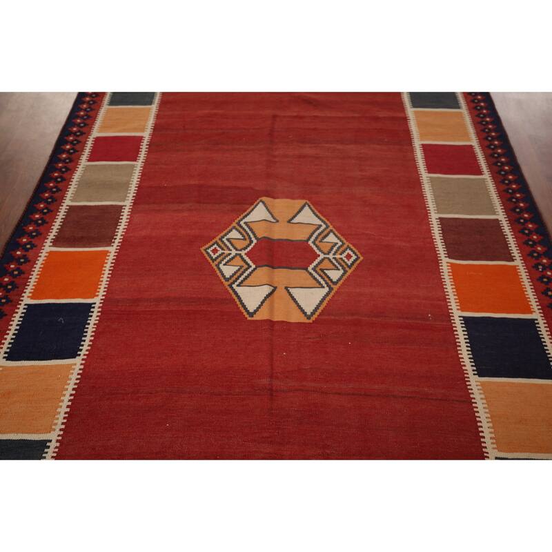 Vegetable Dye Kilim Qashqai Persian Vintage Flatweave Red Wool Carpet - 4'11"x 8'7"