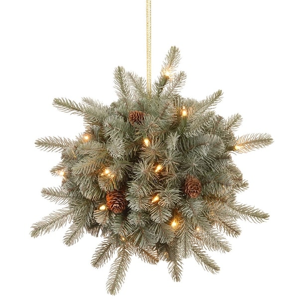 12" Arctic Spruce Kissing Ball with Cones and Warm White LED Lights - N/A