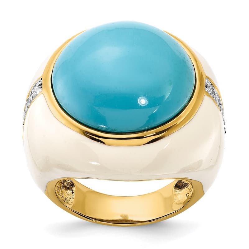 Curata Gold Plated 925 Sterling Silver Wht Enam Simulated Turquoise and Cubic Zirconia Ring