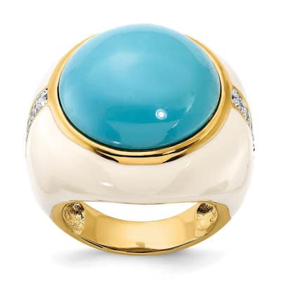 Curata Gold Plated 925 Sterling Silver Wht Enam Simulated Turquoise and Cubic Zirconia Ring