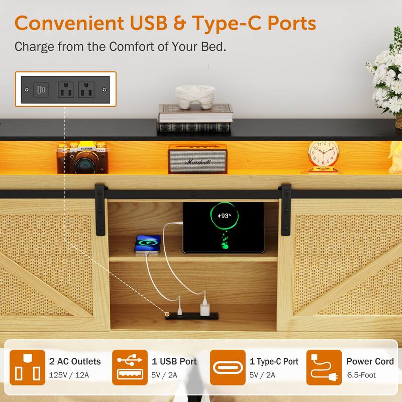Queen Size Farmhouse Bed Frame with Storage Headboard, Drawers, Charging Station & RGB LED Lights