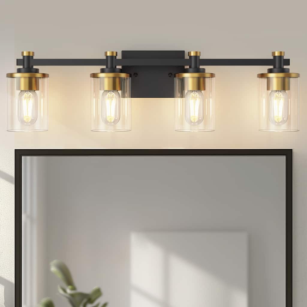 YANSUN 27.6 in. 4-Light Black and Gold Vanity Lighting with Round Transparent Glass Shades for Modern Spaces