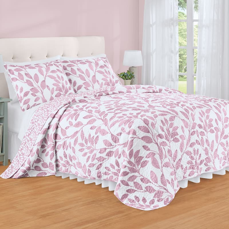 Brady Reversible Oversized Two-Tone Leaf Design Quilt - Rose - Full/Queen