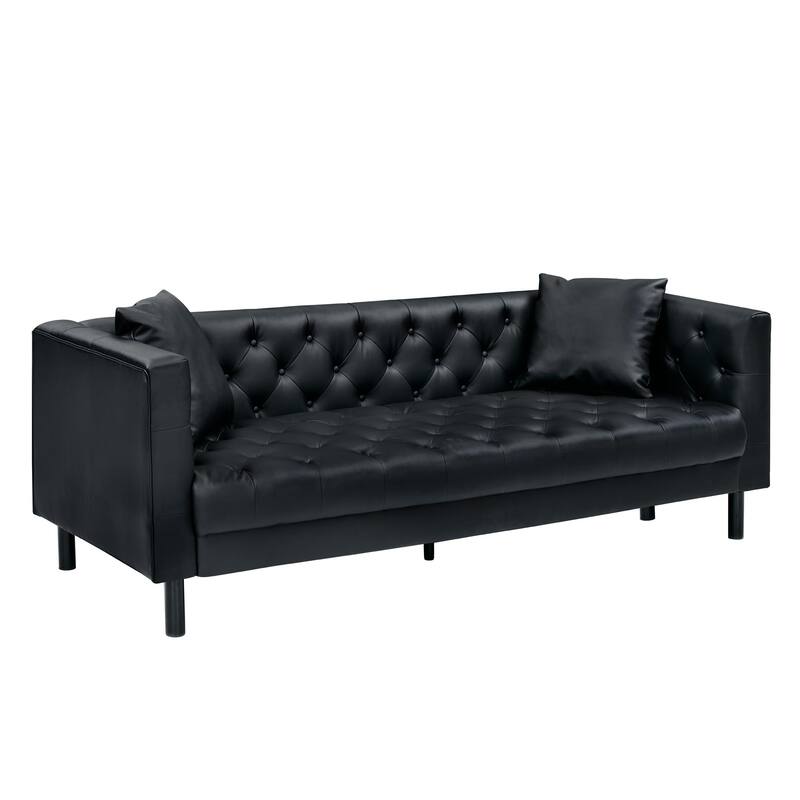 78" Leather Couch, Handmade Button Tufted 3 Seater Sofa, Chesterfield Sofa with Deep Seat and 2 Pillows, Leather Sofa