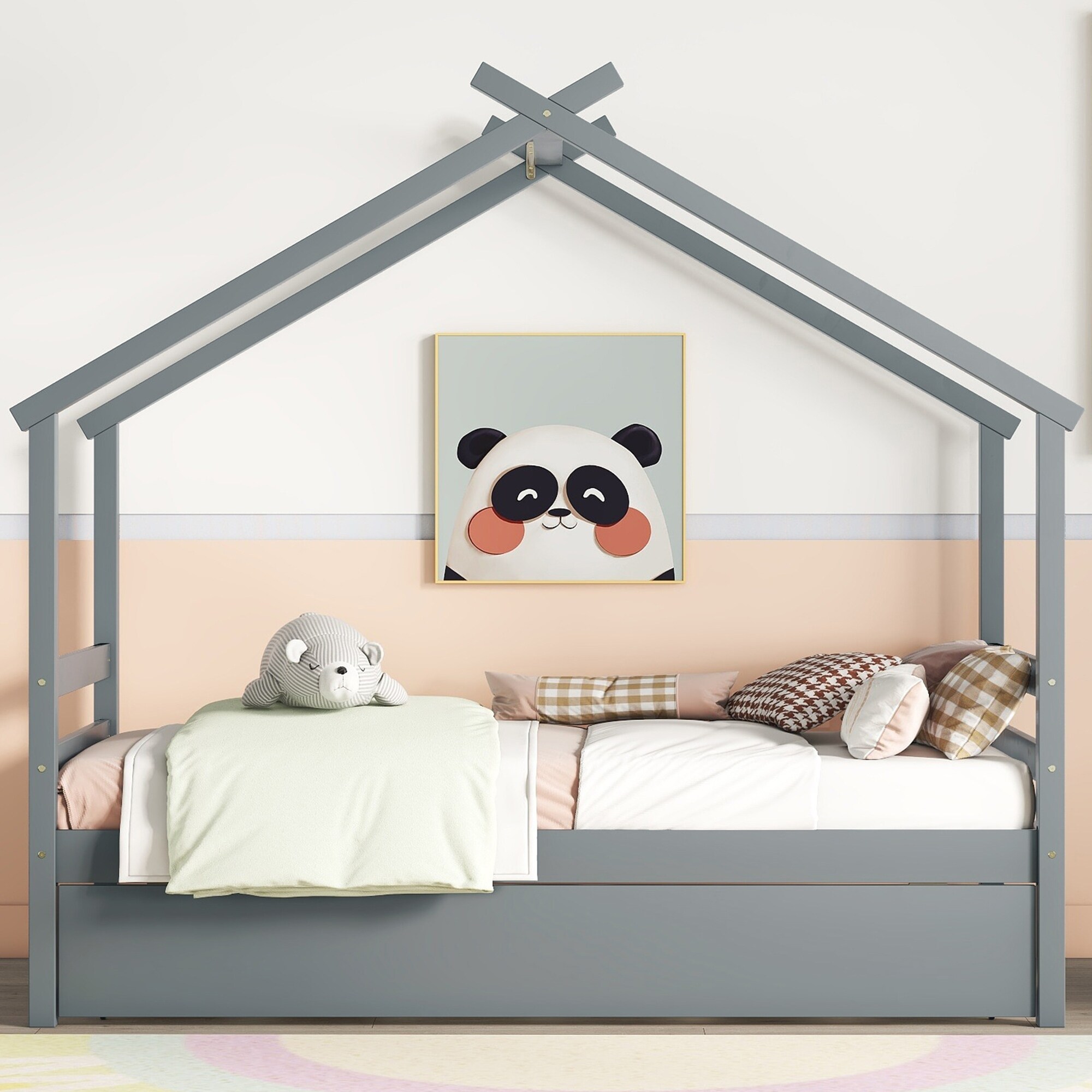Twin Size House Bed Frame for Kids with Trundle, No Box