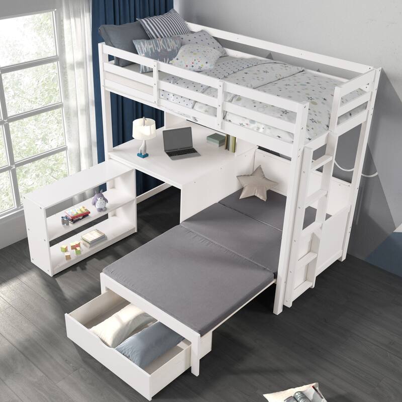 Furniture of America Aurelian Modern Twin 4-in-1 White Solid Pinewood Loft Bed with Bookcase, Desk and Convertible Bench