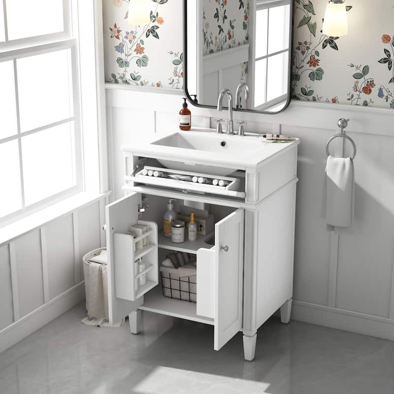 24" Bathroom Vanity With 2 Doors And Tip-Out Drawer, Bathroom Storage Cabinet With Sink, Soft-Closing Doors With Organizers