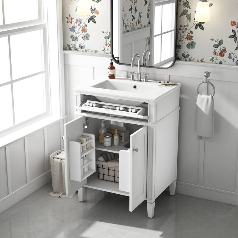 24" Bathroom Vanity with 2 Doors and Tip-Out Drawer, Bathroom Storage Cabinet with Sink, Soft-Closing Doors with Organizers