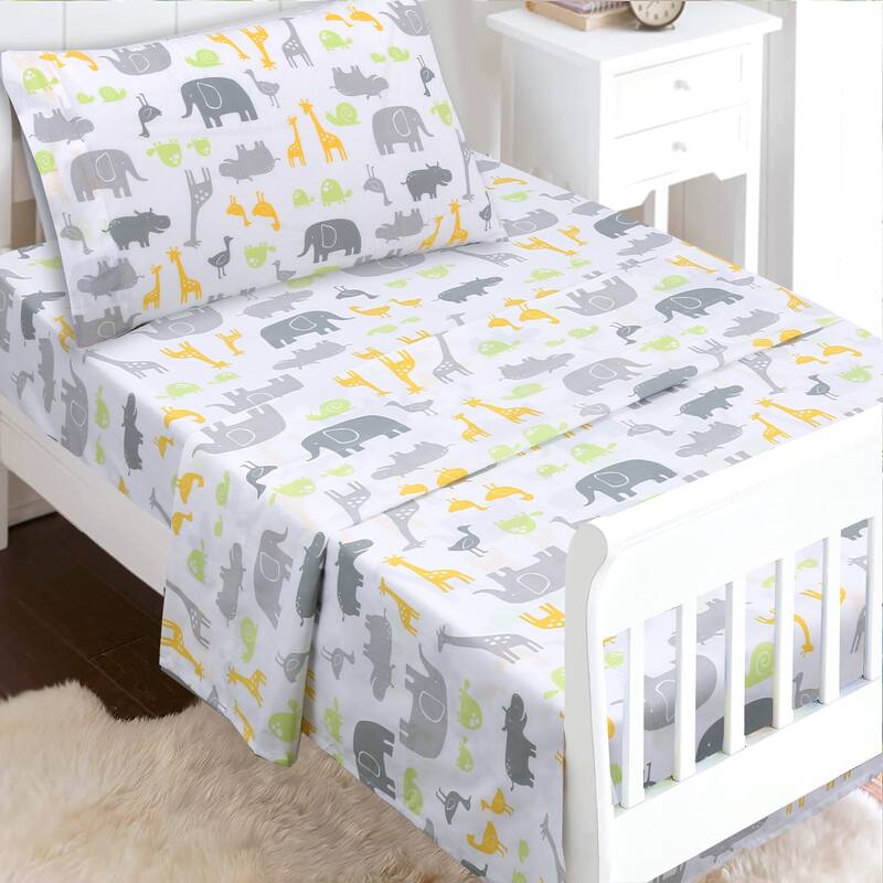 3-Piece Cotton Toddler Sheet Set for Kids Boys & Girls (Animals, Fish, Sports, Floral)