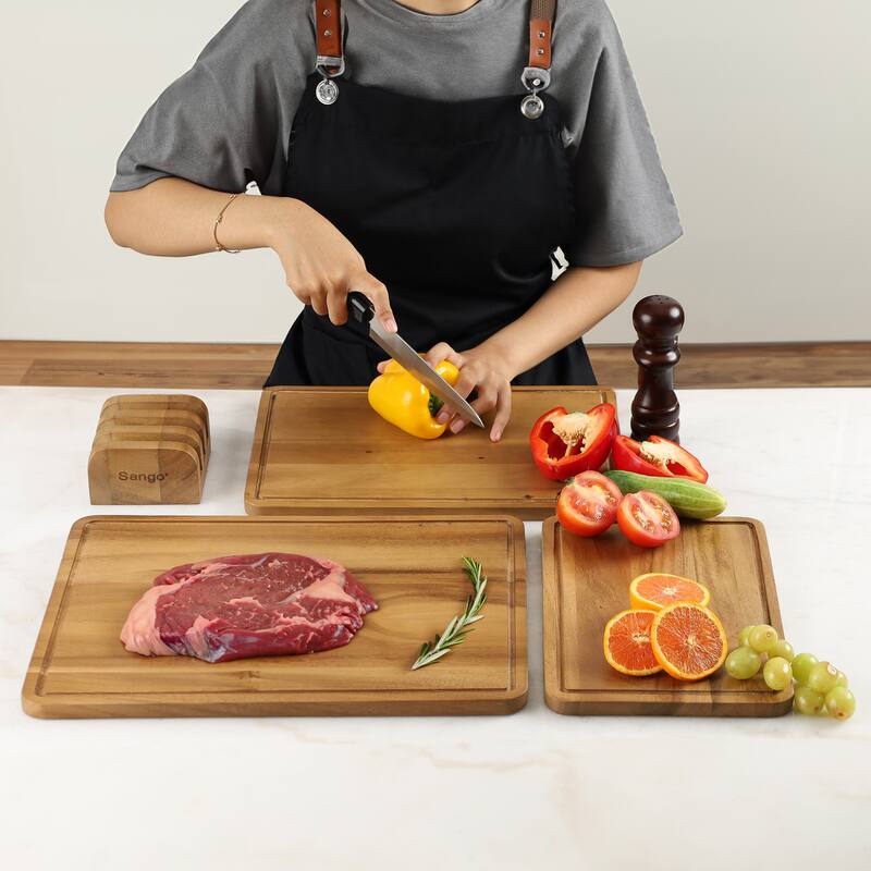 Sango Atelier Acacia Wood 3-Piece Cutting Board Set with Stand- Kitchen Chopping Boards for Meat, Vegetables & Charcuterie