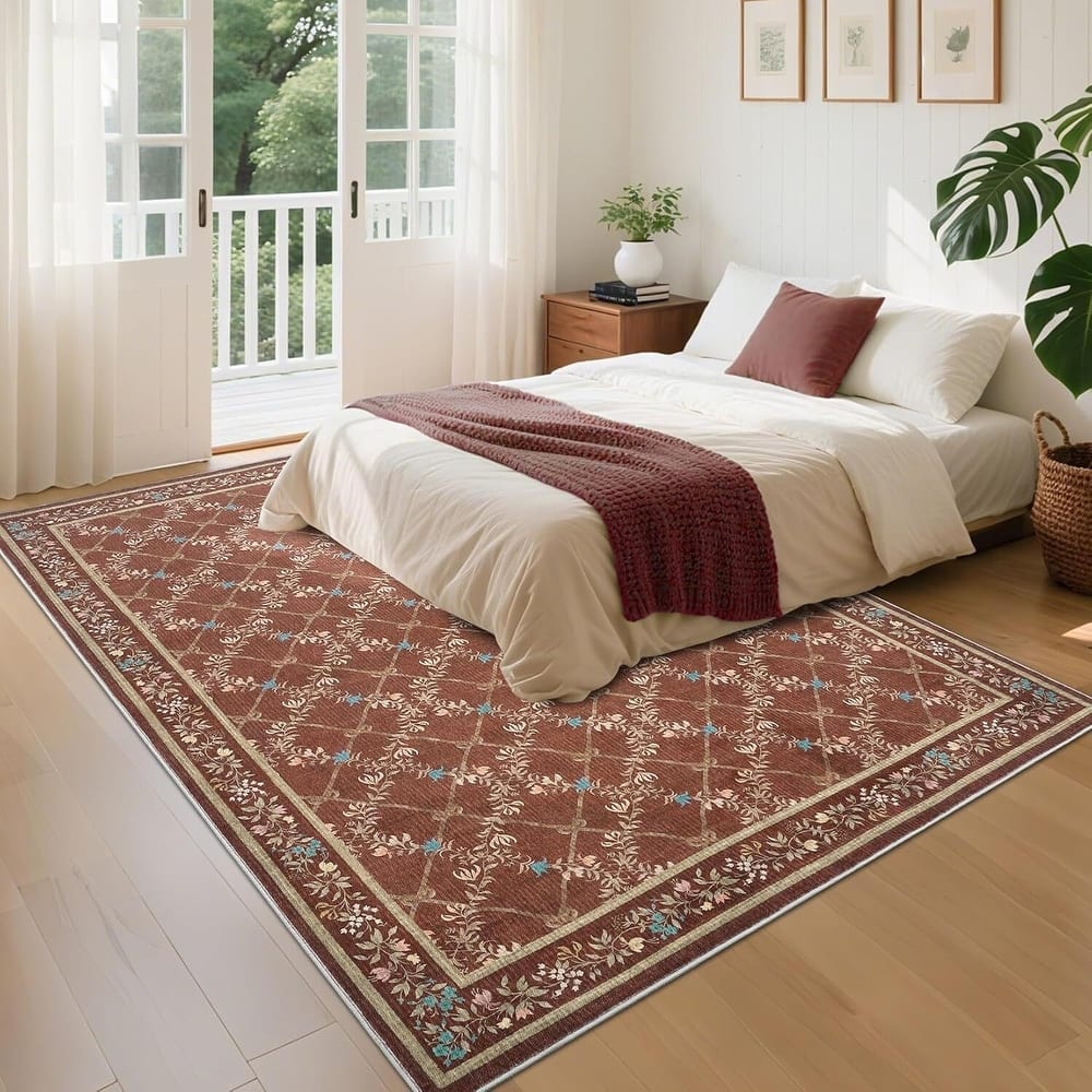 Floral Neutral Washable Hallway Low Pile Area Rug for Bedroom, Living Room, Red - 2' x 3'