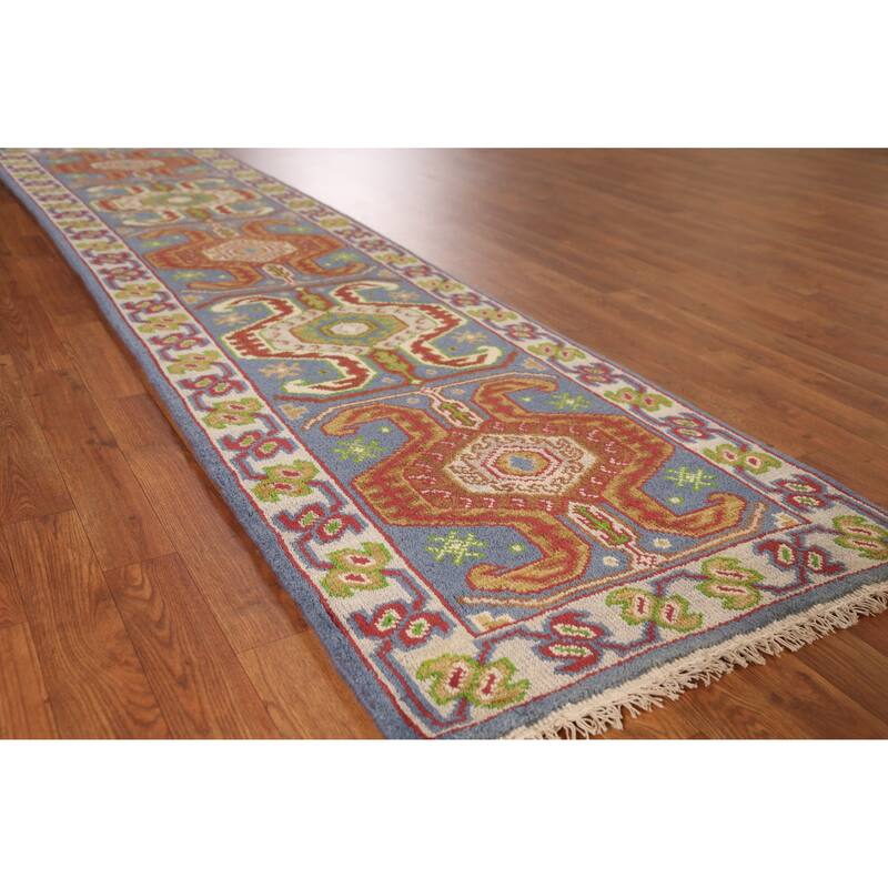 Blue Geometric Heriz Serapi Style Runner Rug Hand-Knotted Wool Carpet - 2'5" x 9'9" - Blue - 2'5" x 9'9"