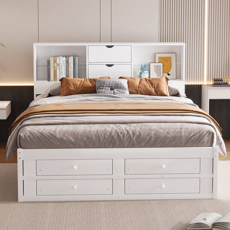 Modern Wooden Platform Bed with Storage Headboard & 8 Drawers